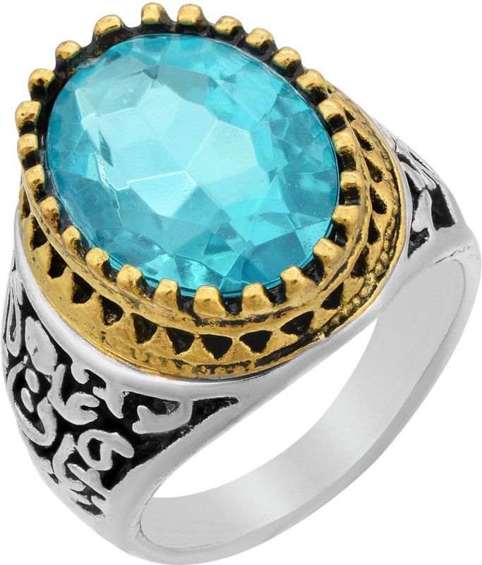 Brass Alloy Antique Finish Dual Tone Sky Faux Ruby Stone Super Heavy Finger Ring Alloy Silver Plated Ring