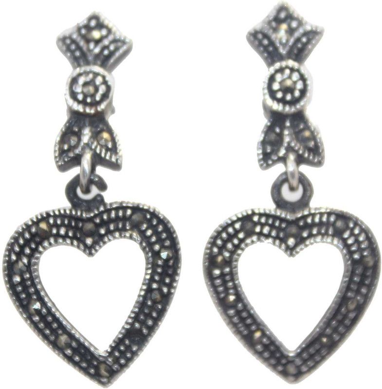 Earrings Silver 925 Sterling Dangle Drop Heart Women Black Marcasite Stones B419 Sterling Silver Drops & Danglers