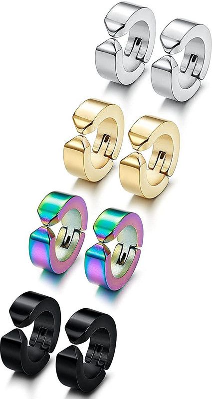 4 Pairs Stainless Steel Mens Womens Clip On Earrings Hoop Huggie Non-Piercing Stainless Steel Drops & Danglers, Clip-on Earring, Hoop Earring, Huggie Earring, Earring Set