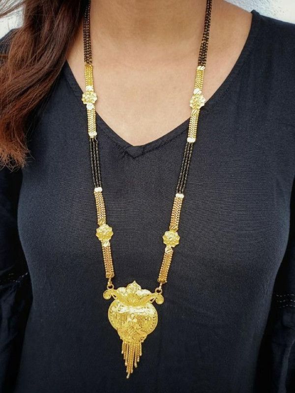 Traditional Black Bead Long Chain Nallapusalu Brass Mangalsutra