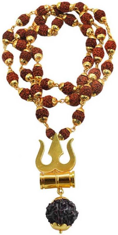 Rudraksha Mala With Shiv Trishul & Damru Rudraksha Pendant For Men Women Gold-plated Beads Brass, Wood, Alloy Pendant
