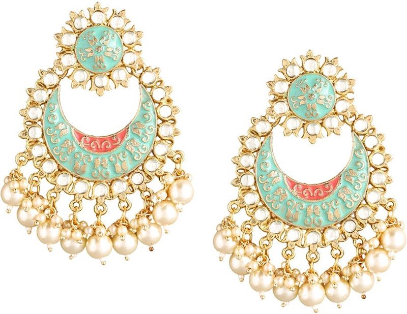 Ethnic Gold Plated Traditional Studded stones Blue Meenakari moti Chandbali Earrings for Women and Girls Beads Copper Chandbali Earring