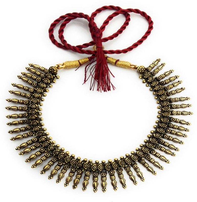 Collar Necklace Antique Gold Red Thread Drawstring Ethnic Jewelry Temple Neck choker For Wedding Brass Choker