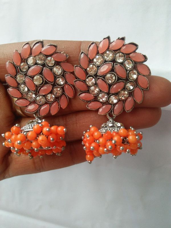 JHUMKI05_ORANGE Brass Earring Set
