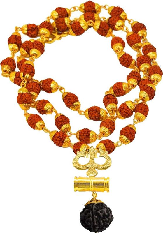 Lord Shiv Damru Locket With Puchmukhi Rudraksha Mala(8MM 36Beads) Gold-plated Plated Wood Chain