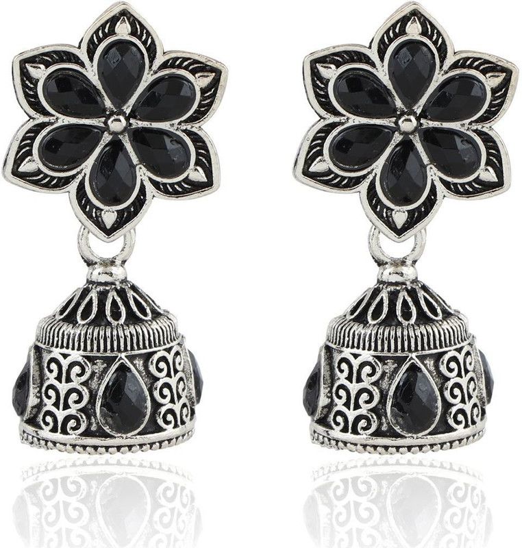 Minimal Oxidised Silver Plated Flower Shaped Small Jhumkis, M4816BK Beads Alloy Jhumki Earring