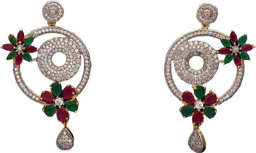 Indian Handmade Drop Earrings For Womens Emerald,Ruby,Cubic Zircon Stones Gold Plated Stud Drop Dangle Earings For Girls Lightweight Kundal Fashion Jewelry Cubic Zirconia Copper Drops & Danglers