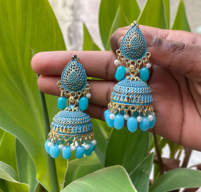 Gold Plated Big Stone Beads Brass Jhumki Earring