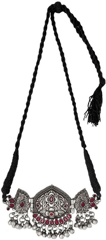 Teejh Kalki Floral Red Choker Necklace for Women Silver Plated Alloy Choker