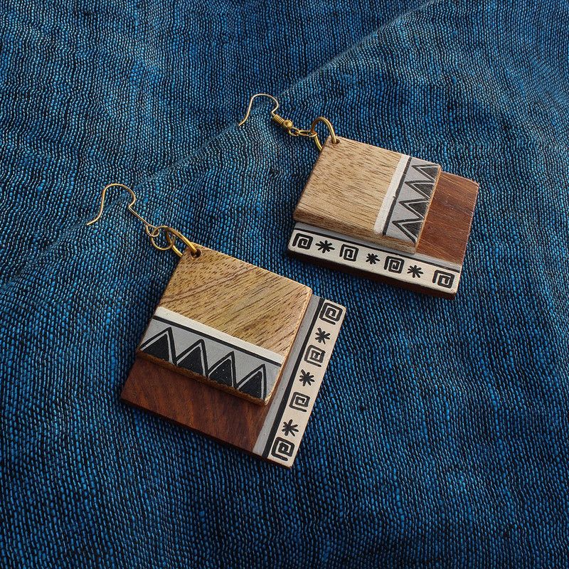 "Aztec Pair" Bohemian Earrings Hand-painted In Aztec Pattern (Sheesham Wood) Wood Earring Set