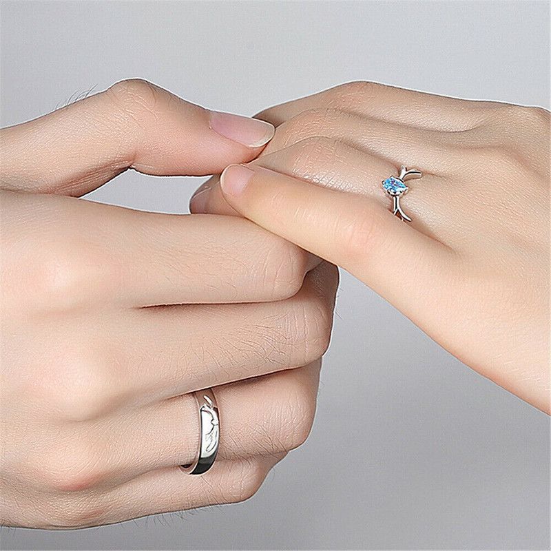 King And Queen Blue Nug Stone Diamond Deer Horn Zircon Lover Couple Finger Rings Stainless Steel Ring Set