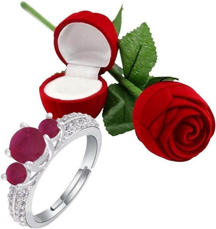 Valentine's Special Silver Plated CZ American Diamond Adjustable Ring with Red Rose Gift Box For Women/Girls Alloy Silver Plated Ring