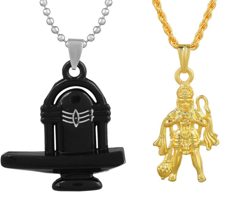 Gold and Black Plated Brass, Lord Shiva, Shivling Mahakaal Mahadev with Hanuman, Bajrang Bali, Balaji, Combo Pendant Locket for Men and women Gold-plated Brass Pendant