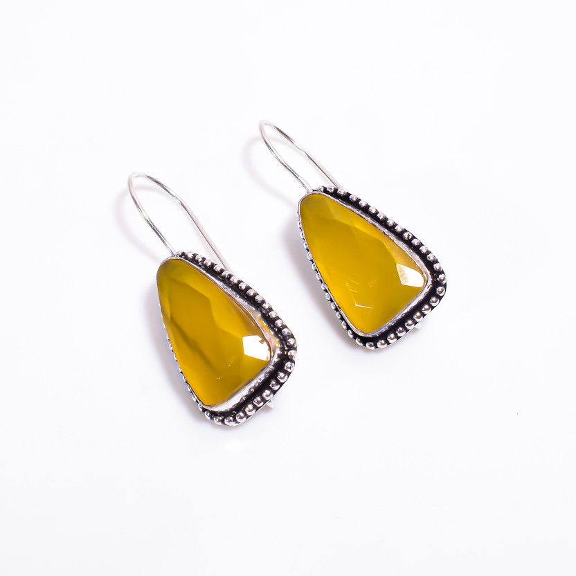 Yellow Cats Eye Gemstone Dangle Earrings Jewelry 1.5" Cat's Eye German Silver Clip-on Earring