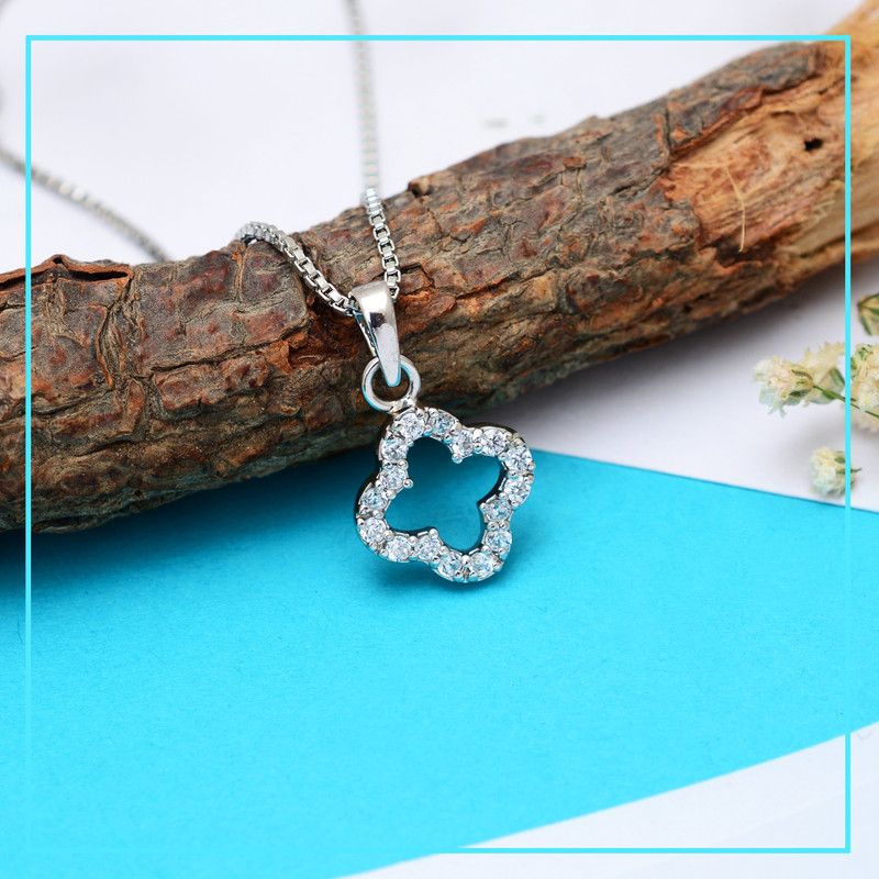 Sterling Silver Zircon Floral Necklace with Box Chain for women & girls Rhodium Swarovski Zirconia Sterling Silver Pendant