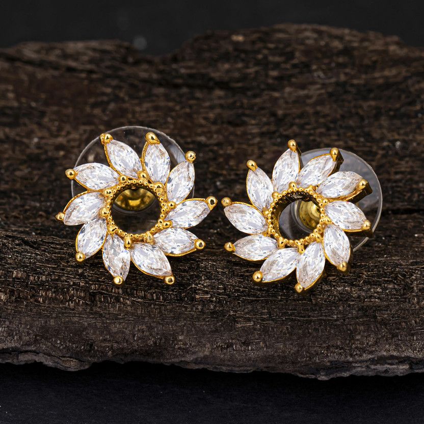 Trendy Floral Gold Plated Stud Earring For Women Cubic Zirconia Alloy Stud Earring