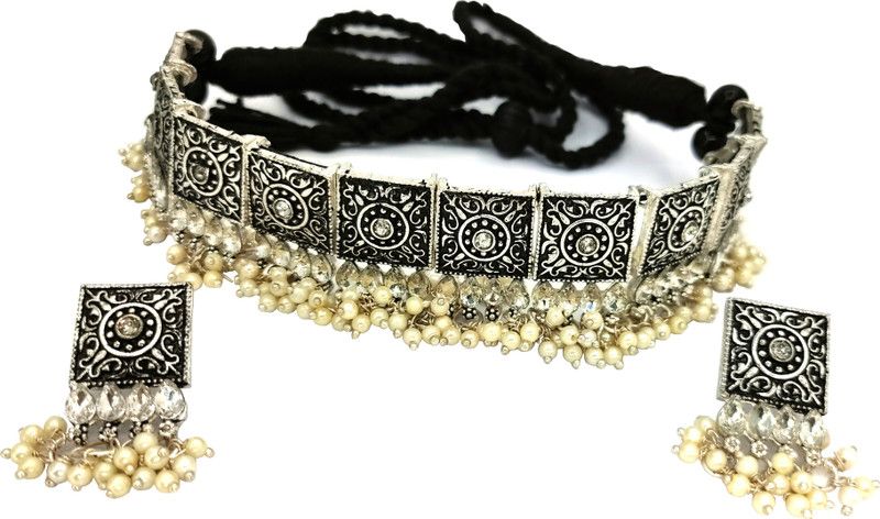 Stone, Oxidised Silver, Dori, Alloy White, Silver Jewel Set  (Pack of 1)