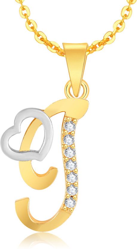 Heart Collection Valentine Collection Alphabet Letter "J" With Heart With Chain Gold-plated Cubic Zirconia Brass Pendant