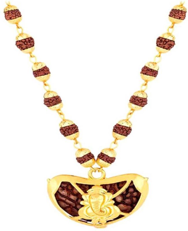 Zanshack Religious Jewelry Kaju Ganesh Locket With Puchmukhi Rudraksha Mala (8MM 36Beads) Gold-plated chain Brass Chain