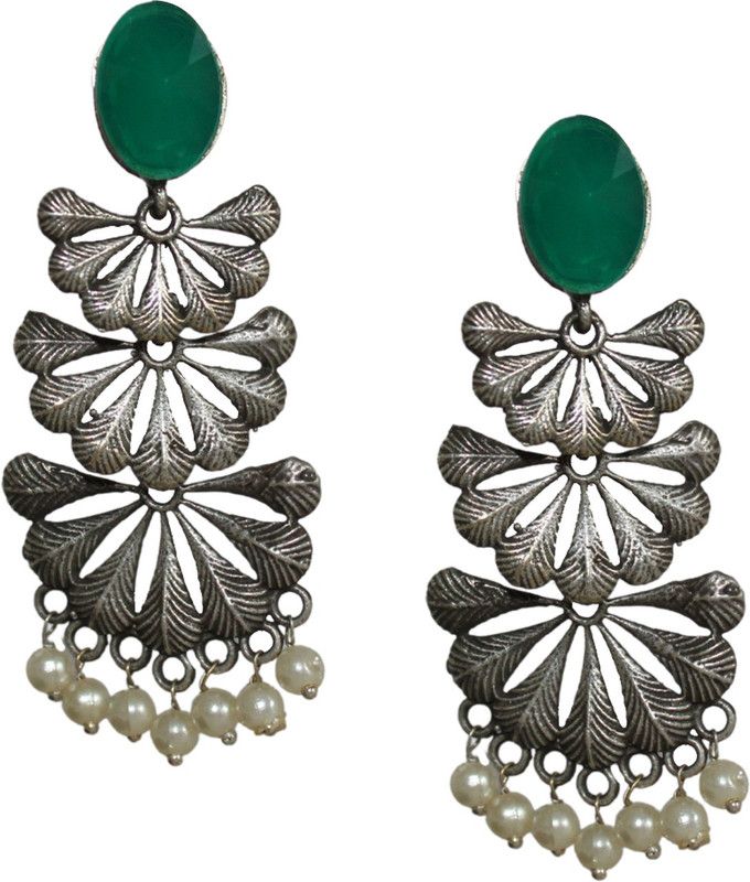 Classy Green Stone Oxidised Silver Pearl Tassel Earrings for Women and Girls German Silver Drops & Danglers