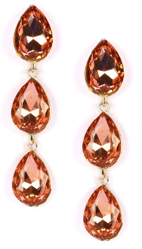 Fancy Party Wear Traditional Gold Peach Blue Sapphire Stone Long Drop-Earrings Crystal Alloy Drops & Danglers