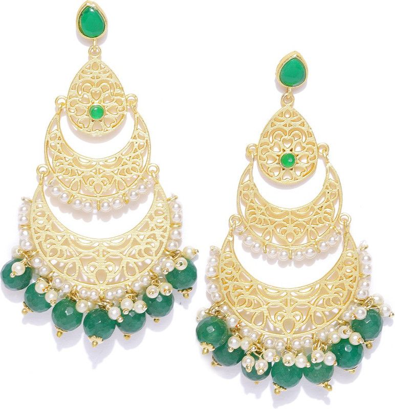 Green & Off-White Gold-Plated Beaded Handcrafted Crescent Shaped Chandbalis Brass Chandbali Earring