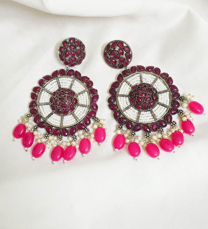 German Silver Pink Stone Work Round Shape Earrings German Silver Drops & Danglers