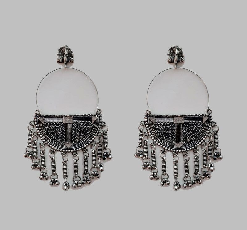 Partywear Latest Stylish Heavy Silver Oxidized Hoop Chand Bali Earring Women - German Silver, Alloy Chandbali Earring