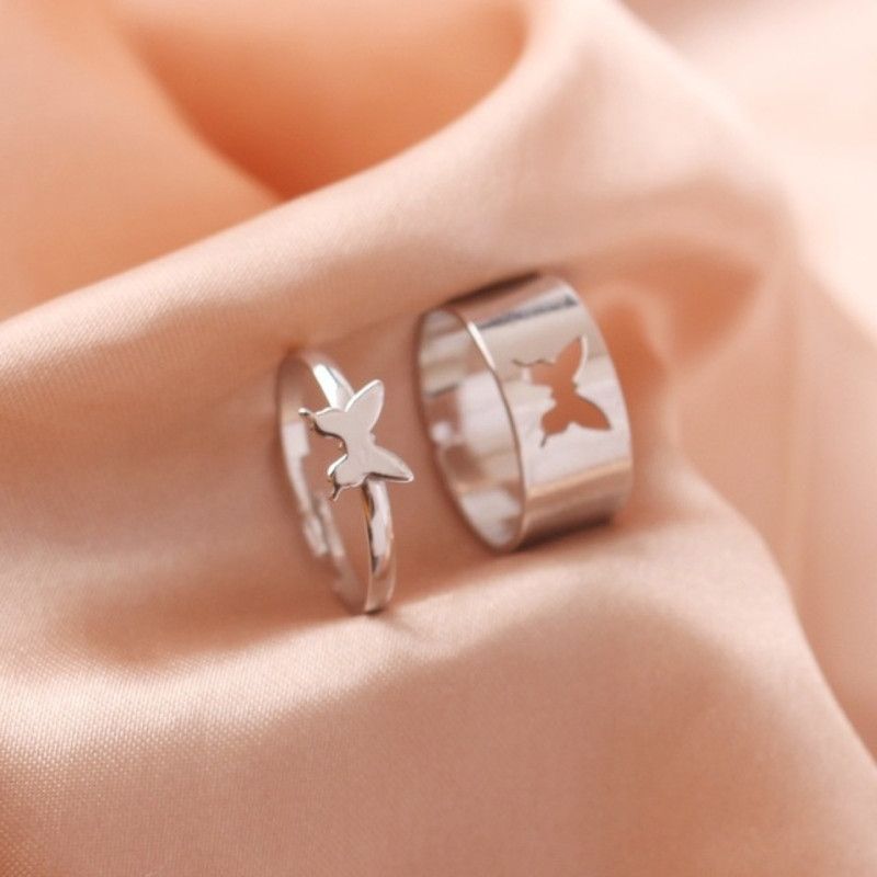 Adjustable 2 PCS Butterfly Promise Rings Cute Matching Ring for Men, Women Lover Alloy Silver Plated Ring