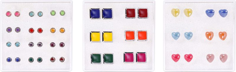 Multicolor small Crystal & Heart Shape & Multi Color Square Crystal Stud Earrings With Plastic Back for Girls and Women (Combo of 24 Pairs) Plastic Stud Earring