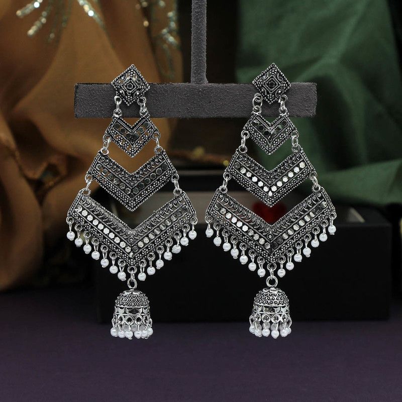 Partywear Special Silver Color Oxidised Earrings Alloy Jhumki Earring