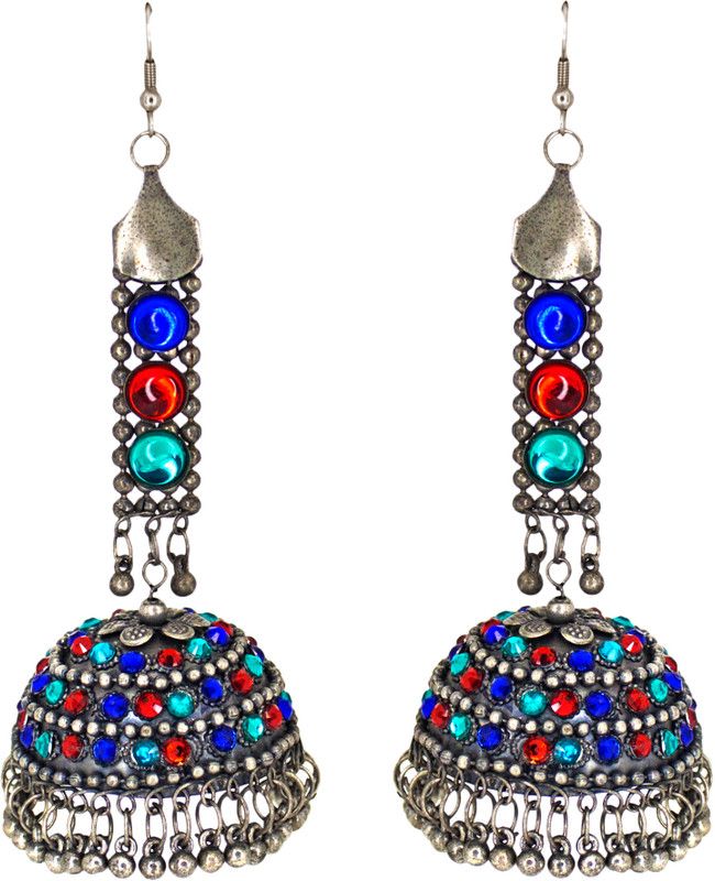 Afghani Silver Oxidised Multi Color Unique Jhumka Earrings For Women Alloy Jhumki Earring