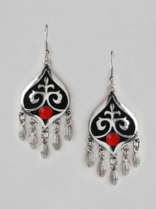 Silver Plated Oxidised Handcrafted Black Enamel Drop Earrings Enamel Drops & Danglers