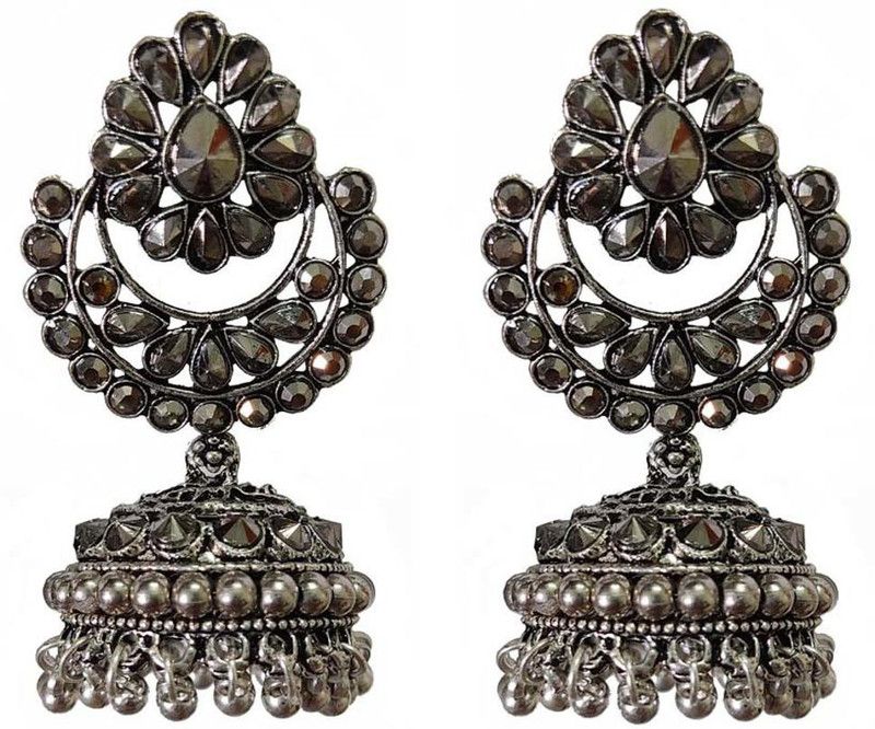 Beautiful designed long light weight stone jhumko with silver ball push & plug earring for women & girls Alloy Jhumki Earring