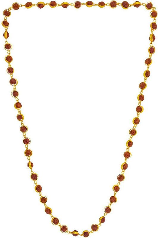 5 Mukhi Rudraksha Rudraksh Mala in Gold Plated Caps with Lucky Charm Wood Chain