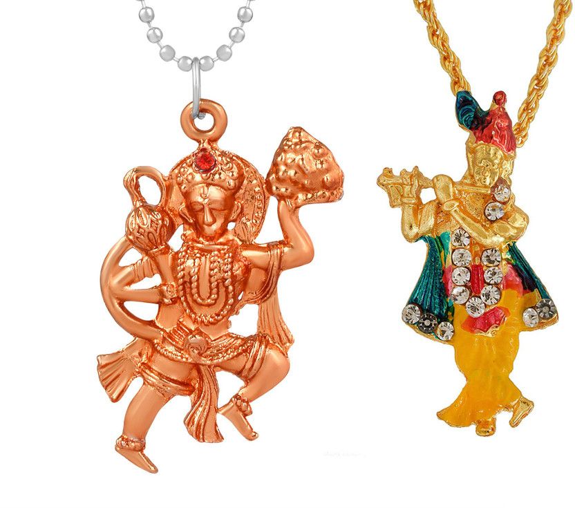 Copper Gold Plated Lord Krishna with Flying Hanuman Bajrang Bali Pendant Copper Brass Pendant