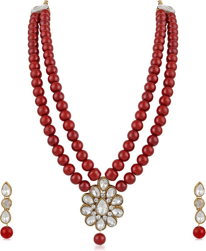 Stone, Crystal, Copper Gold-plated Maroon Jewel Set  (Pack of 1)