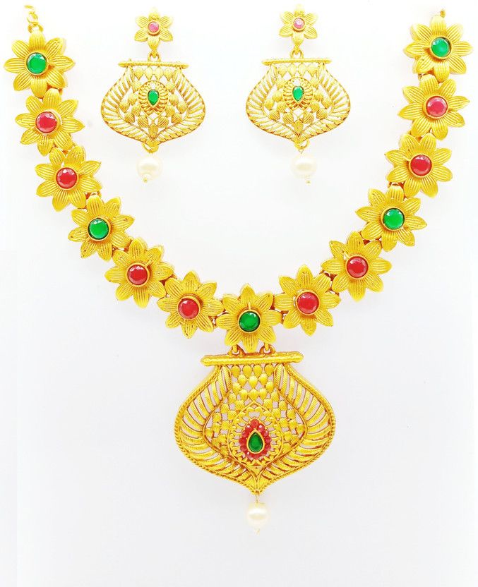 Alloy Gold-plated Ruby Red, Green, Gold Jewel Set  (Pack of 1)