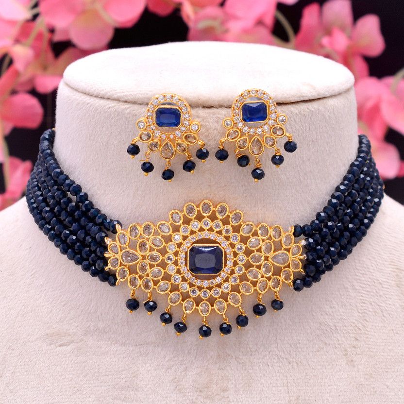 Brass Enamel Gold, White, Blue Jewel Set  (Pack of 1)