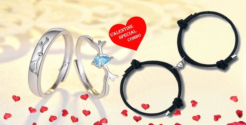 Couple Rings & Heart Bracelet for Girlfriend and Boyfriend, Valentine Gift Combo Alloy Cubic Zirconia Platinum Plated Ring Set