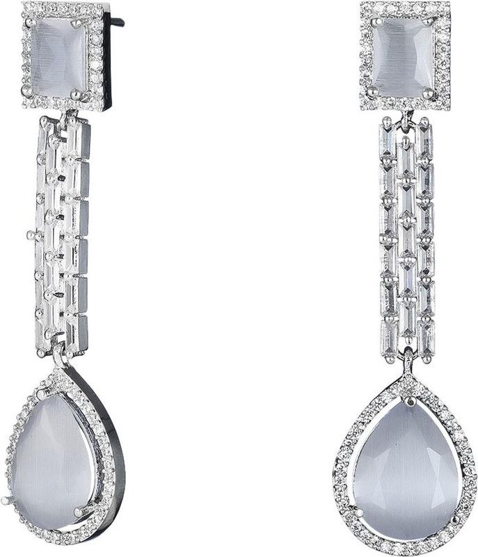 Women Silver-Plated American Diamond Grey Stone Long Hanging Earring Brass Stud Earring