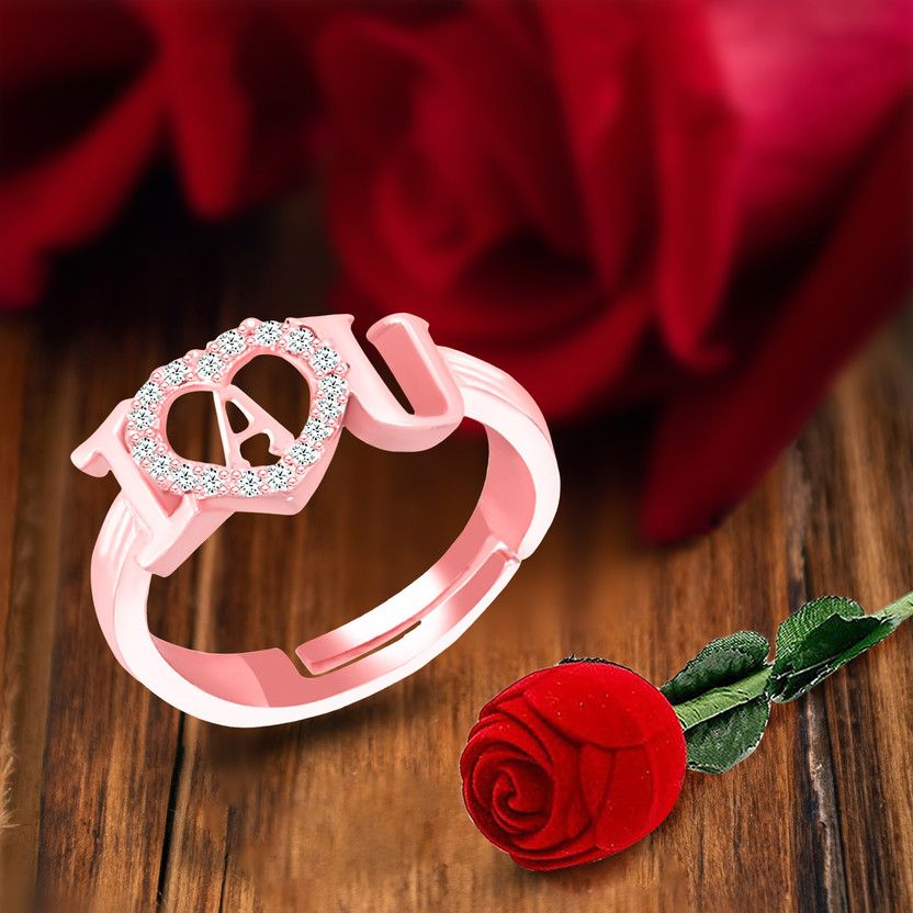 Valentine Heart i Love you Rose Gold Adjustable Ring for Girls women A letter ad Brass, Copper, Crystal, Stone, Alloy, Metal Cubic Zirconia, Diamond, Zircon, Crystal Platinum, Rhodium, Gold Plated Ring Set