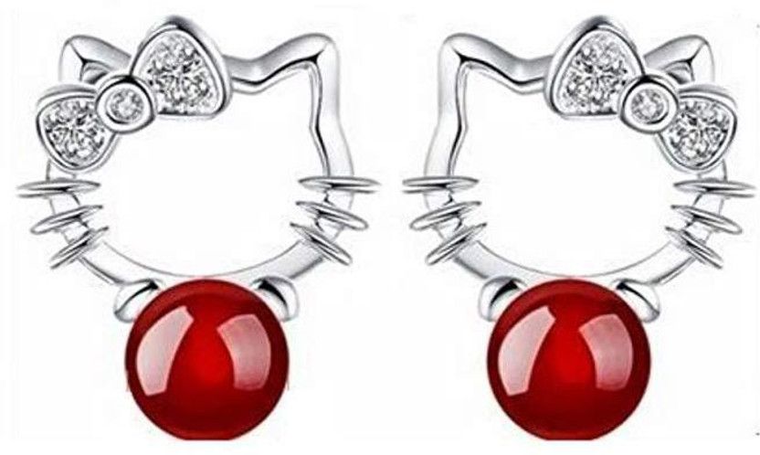 Cute Cat Red Pearl Earring for women & girls Swarovski Crystal Sterling Silver Drops & Danglers