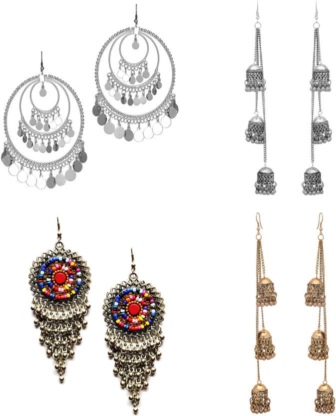 Silver Jhumki Traditional Fashion Earrings New Arrival Silver Trendy Bollywood Oxidised Stylish Afghani Fashion Earrings Combo of 4 Earrings German Silver, Alloy Drops & Danglers, Earring Set, Chandbali Earring, Jhumki Earring, Clip-on Earring