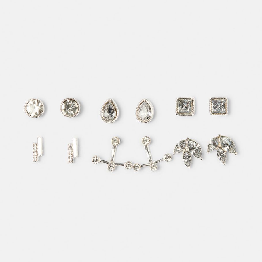 6 Pack Diamante Cool Stud Earrings - Silver Look