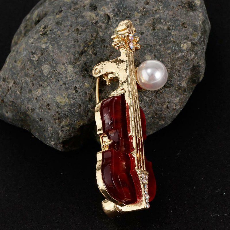 Calandis Guitar Shape Crystal Rhinestone Pearl Brooch Pin Women Men Jewelry Red Brooch  (Red)