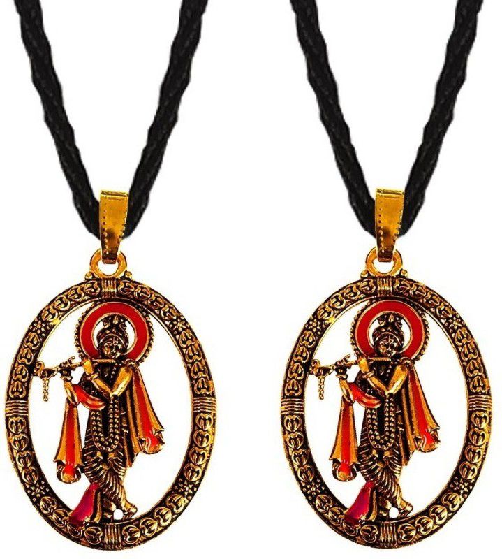 Set Of 2 Lord Shri Radha Krishna With Basuri Pendant Locket Necklace Cotton Dori Gold-plated Stainless Steel Locket Set