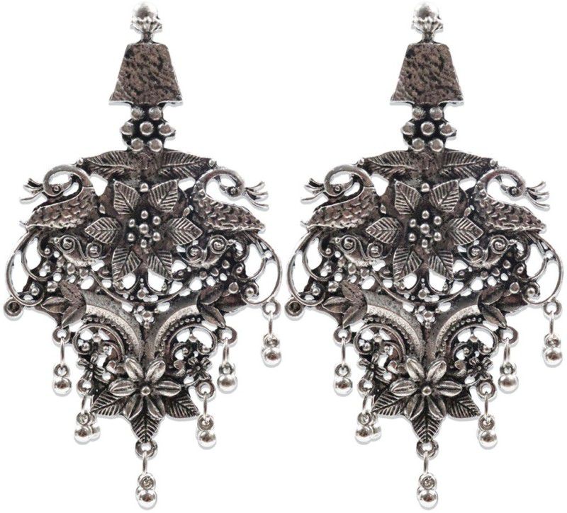 Peacock Silver Oxidized Earrings Traditional Kundan Earrings for Girls & Women Sterling Silver Drops & Danglers