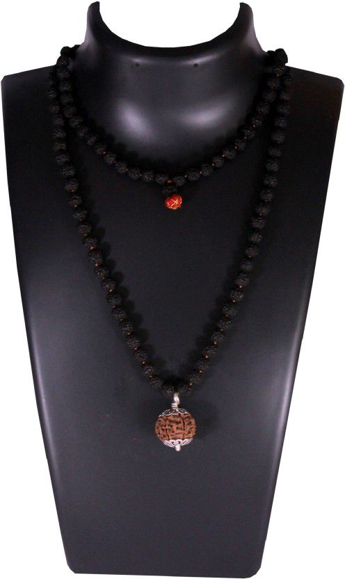 11 Mukhi Guru Mani / Bead (5 Mukhi Black Rudraksha Mala) Silver Cap Wood Necklace