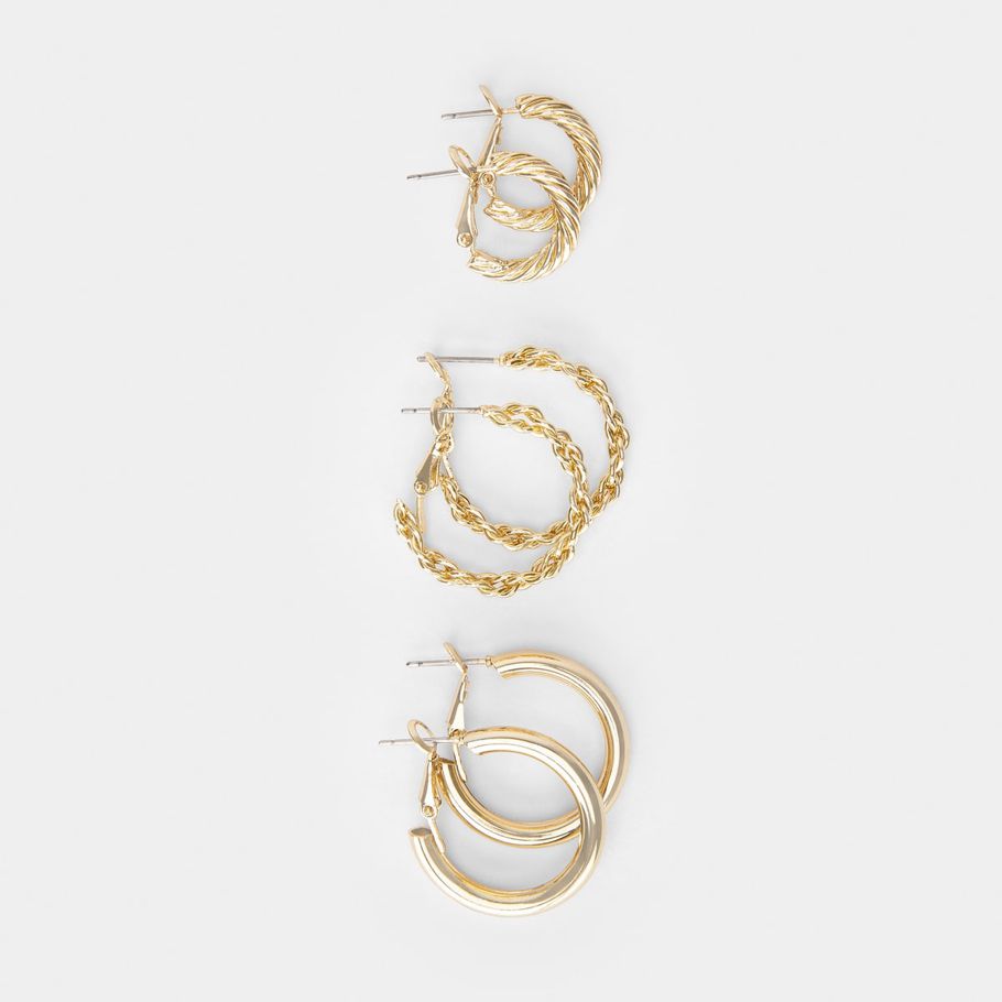 3 Pack Chain and Twisted Hoop Earrings - Gold Look